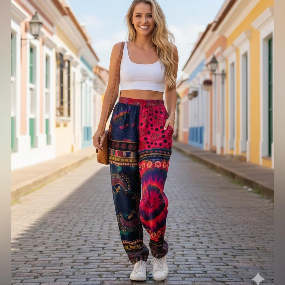 FARM Rio Multicolor Wide-Leg Patchwork Print Pants - Picture 1 of 7
